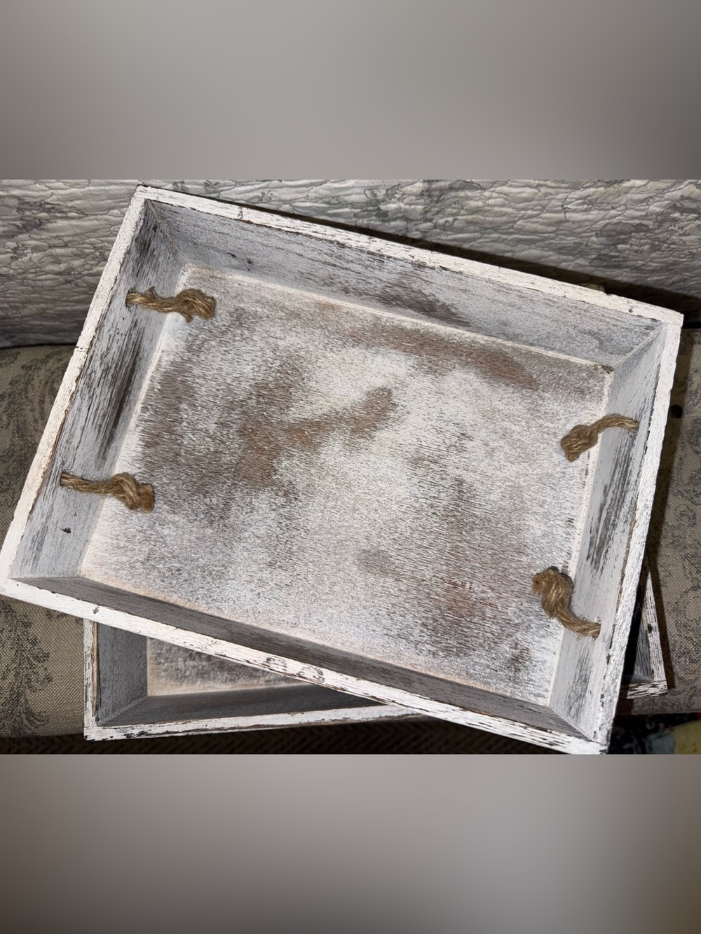 Rustic Whitewashed Wood Serving Tray with Rope Handles